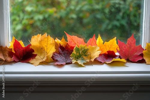 Colorful autumn leaves arranged on a windowsill showcasing vibrant fall hues