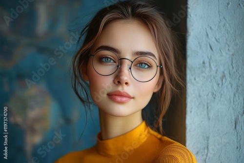 Model poses in stylish glasses against vibrant blue wall in sunny outdoor set...