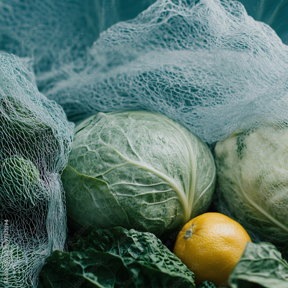 Obraz premium Fresh Green Cabbage, Lemon, and Greens in Netting
