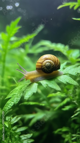 Snail slowly crawling on wooden surface among vibrant green plants in bright ...