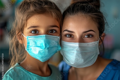 Medical professional and child wearing masks in a healthcare setting during p...