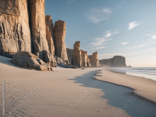 a sandy beach with tall rock formations on it photo