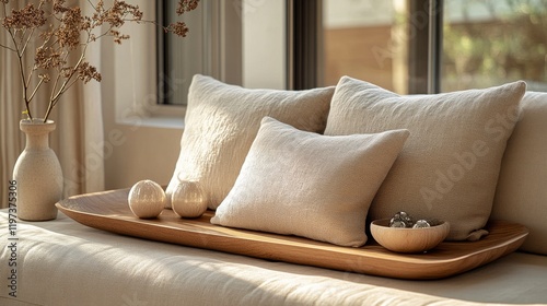 Elegant wooden tray with decorative elements on a cozy table in natural light