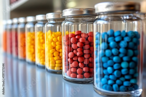 Colorful jars filled with assorted tablets and capsules on a shiny surface in...