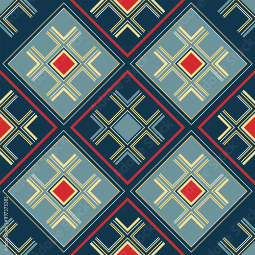 Seamless pattern with diagonally oriented geometric blue-red-beige composition. Vector illustration