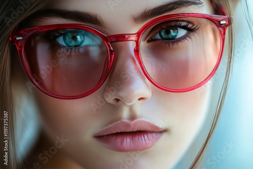 Young person with striking blue eyes wearing red glasses and showcasing natur...