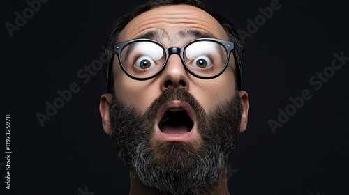 Startled by the Unexpected: A close-up portrait of a man with a thick beard and glasses, his mouth agape in a wide-eyed, startled expression.