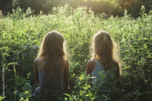 Two friends enjoy a peaceful moment overlooking a lush green landscape during...