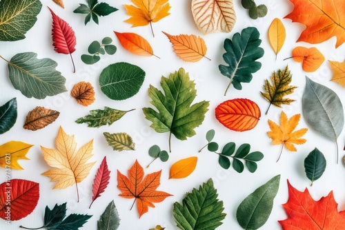Colorful autumn leaves arranged on a white background showcasing seasonal div...