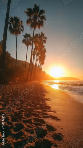 Serene sunset over tropical beach with palm trees and golden sand on a tranqu...