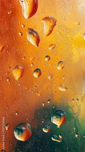 Colorful lights blurred behind a rain-soaked glass at night in an urban setting