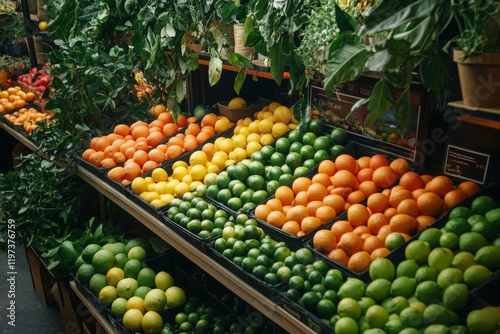 Fresh citrus fruits arranged with vibrant green leaves on a dark background