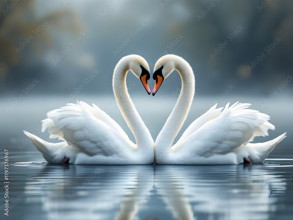 Obraz premium Two swans forming a heart shape with their necks on a serene lake.
