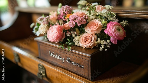 Elegant wooden box with flowers for storing wedding memories in a rustic setting