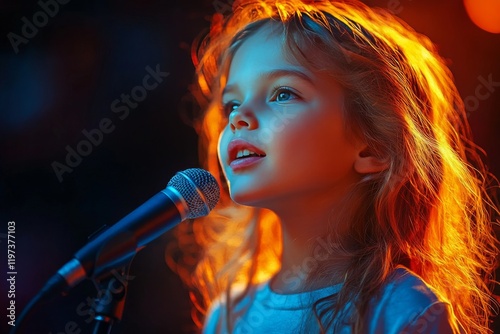 Young girl singing passionately on stage with bright lights in the background...