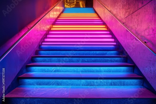 Vibrant neon stairway illuminated with colorful lights in a modern entertainm...