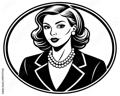 Vintage Portrait of Elegant Woman in 1940s Style with Pearl Necklace and Oval Frame
