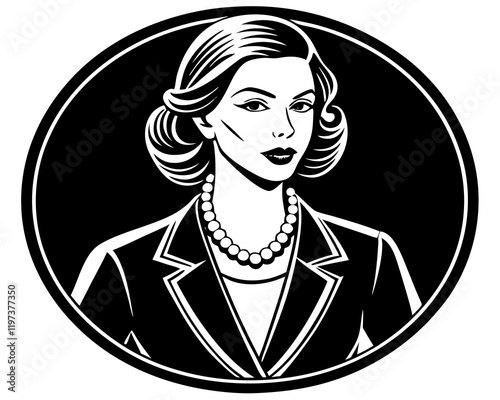 Vintage Portrait of Elegant Woman in 1940s Style with Pearl Necklace and Oval Frame