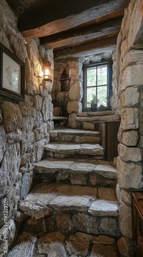 Stone staircase leading to a brightly lit window in a rustic interior setting