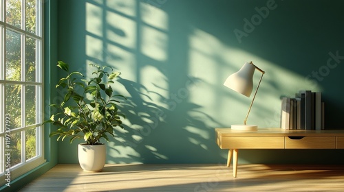 Wooden desk with green wall, plants, and lamp creating a cozy workspace ambiance