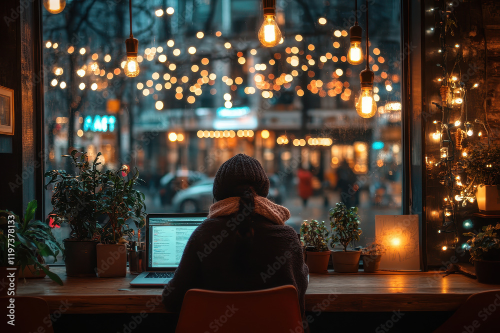 person working on laptop in cozy cafe with warm lights and plants person working on laptop in cozy cafe with warm lights and plants
