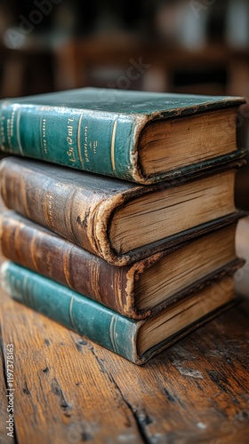 Stacked vintage books beside a window with a potted plant in a cozy reading nook