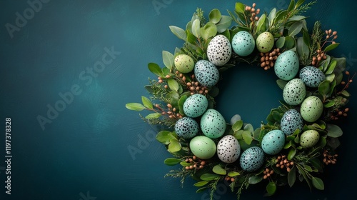 Beautiful Easter wreath decorated with colorful eggs and greenery for spring ...
