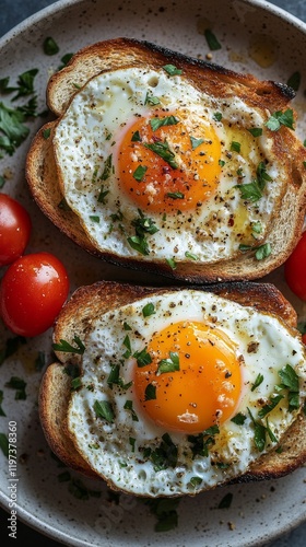 Delicious breakfast with eggs over easy served on toasted bread in a cozy kit...