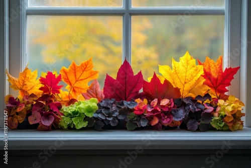 Colorful autumn leaves arranged on a windowsill showcasing vibrant fall hues