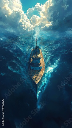Majestic ship navigating through deep blue ocean under dramatic skies