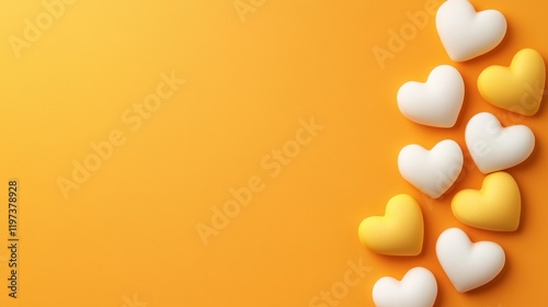 Modern candy hearts on vibrant background concept. Colorful heart-shaped candies on a bright orange background
