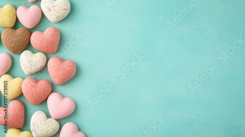 Modern candy hearts on vibrant background concept. Colorful heart-shaped candies on a blue background