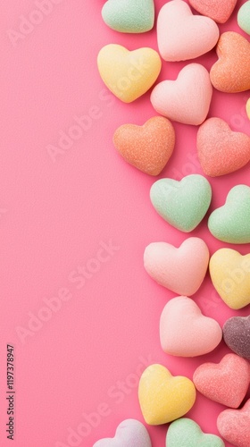 Modern candy hearts on vibrant background concept. Colorful heart-shaped candies on a pink background