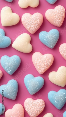 Modern candy hearts on vibrant background concept. Colorful heart-shaped candies on a pink background