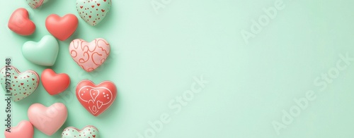 Modern candy hearts on vibrant background concept. Colorful heart-shaped decorations on a mint green background