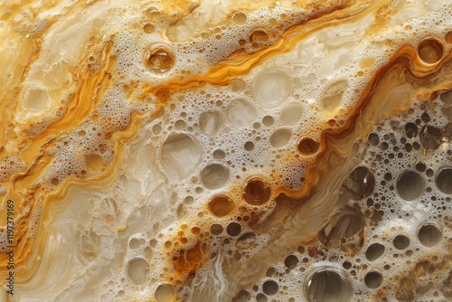 Intricate patterns of coffee foam swirling in a cup reveal rich textures and ...