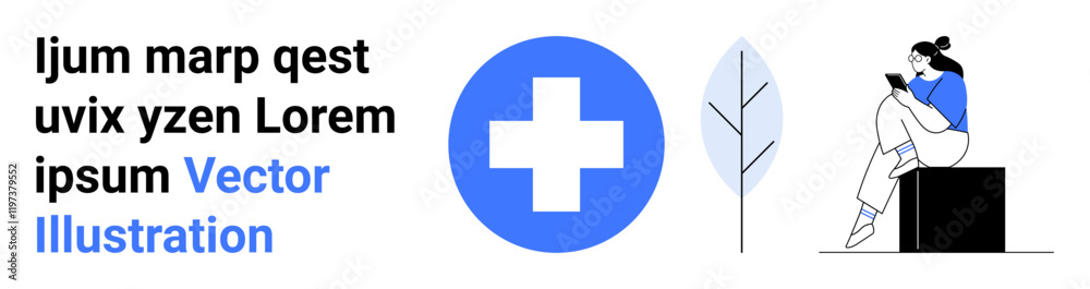 Woman sitting on a box reading, adjacent to a healthcare cross and a leaf. Ideal for wellness, health education, nature, relaxation, lifestyle, personal growth medical websites. Landing page Woman sitting on a box reading, adjacent to a healthcare cross and a leaf. Ideal for wellness, health education, nature, relaxation, lifestyle, personal growth medical websites. Landing page