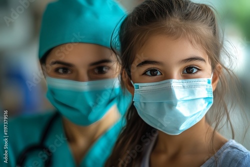 Medical professional and child wearing masks in a healthcare setting during p...