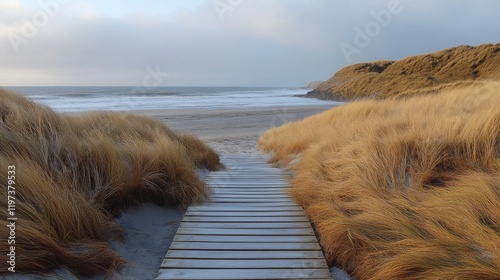 Scenic coastal pathway leading to tranquil waters surrounded by mountains and...