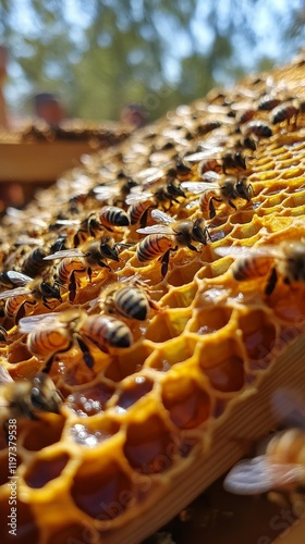 Bees gathering nectar and creating honey in a natural hive during a sunny aft...