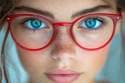 Young person with striking blue eyes wearing red glasses and showcasing natur...