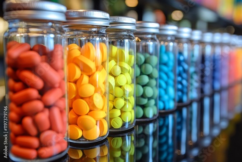 Colorful jars filled with assorted tablets and capsules on a shiny surface in...