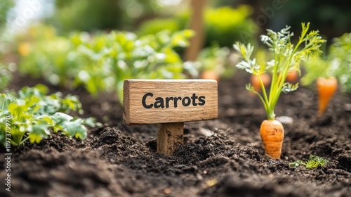 Carrot plant growing in a garden with wooden marker in rich soil during sunny...