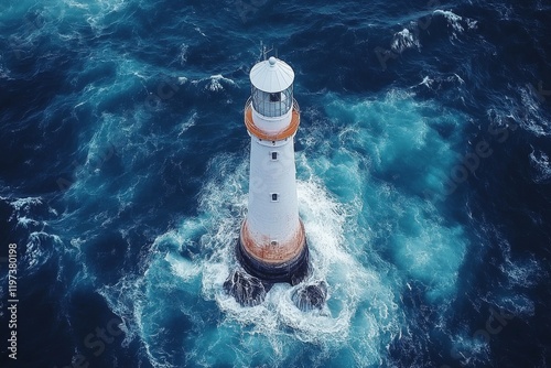 White lighthouse standing on rocky island surrounded by turbulent ocean waves...