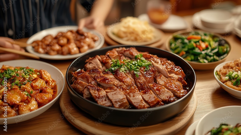 A Cozy Dining Table Set with a Colorful Bowl of Fresh Food Surrounded by Plates of Delicious Cuisine Creating a Warm and Inviting Meal Atmosphere A Cozy Dining Table Set with a Colorful Bowl of Fresh Food Surrounded by Plates of Delicious Cuisine Creating a Warm and Inviting Meal Atmosphere