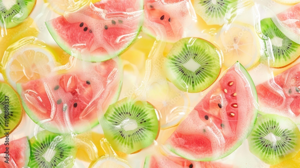 Surreal trendy translucent fruit arrangement with kiwi, watermelon, and lemon slices. Modern summer background Surreal trendy translucent fruit arrangement with kiwi, watermelon, and lemon slices. Modern summer background