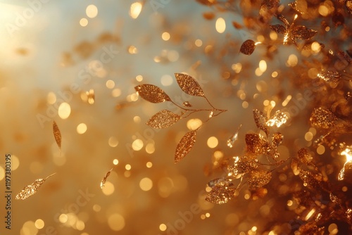 Golden leaves swirling in sunlight creating a magical atmosphere during autumn