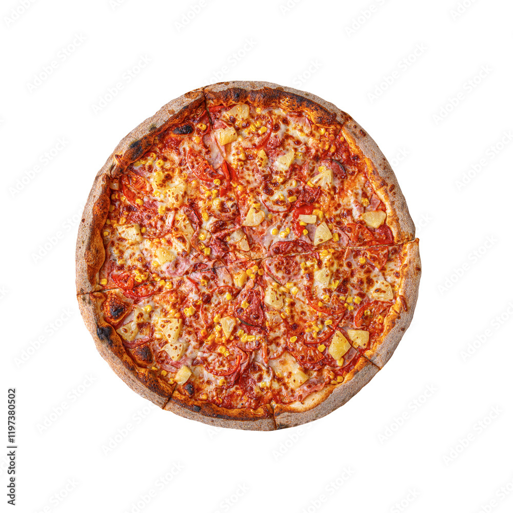 Fragrant pizza, Hawaiian, isolated on a white background.