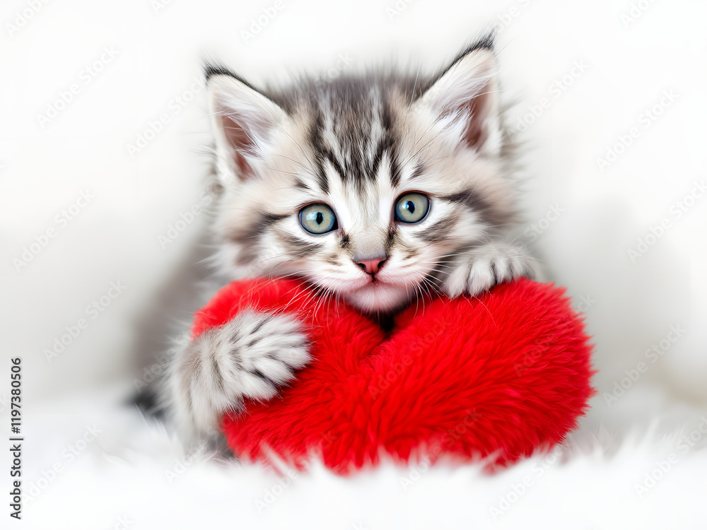 Kitten with red heart, Valentine's Day symbol Kitten with red heart, Valentine's Day symbol