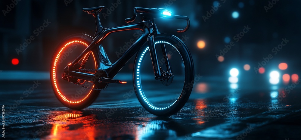 Futuristic bicycle with neon lights on wheels in the city at night. Futuristic bicycle with neon lights on wheels in the city at night.
